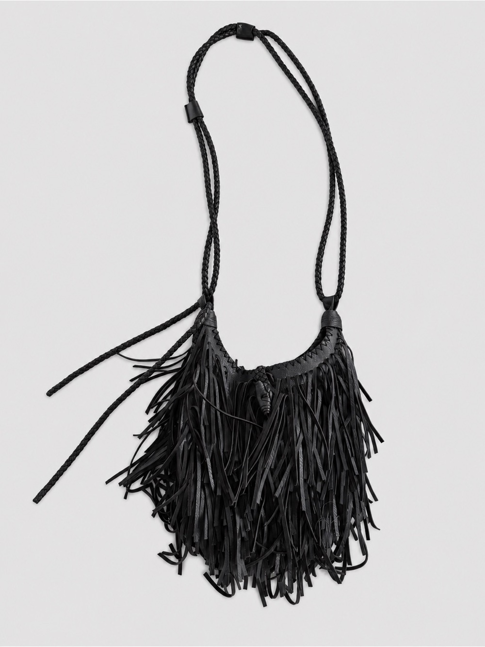 Black Fringe Shoulder Bag With Braided Strap